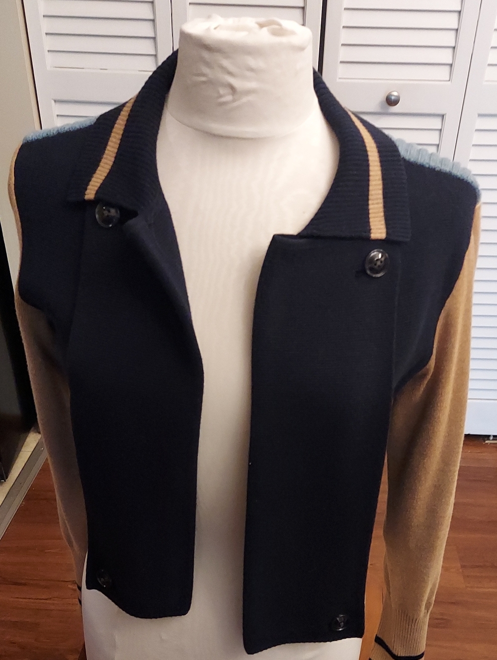 CAbi Navy and Camel Colorblock Varsity Jacket Sweater